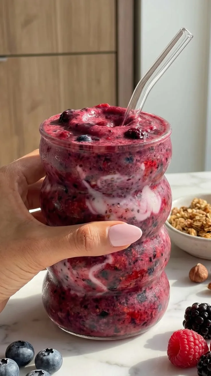 Batido de frutos rojos con yogur junto a frutas y granola