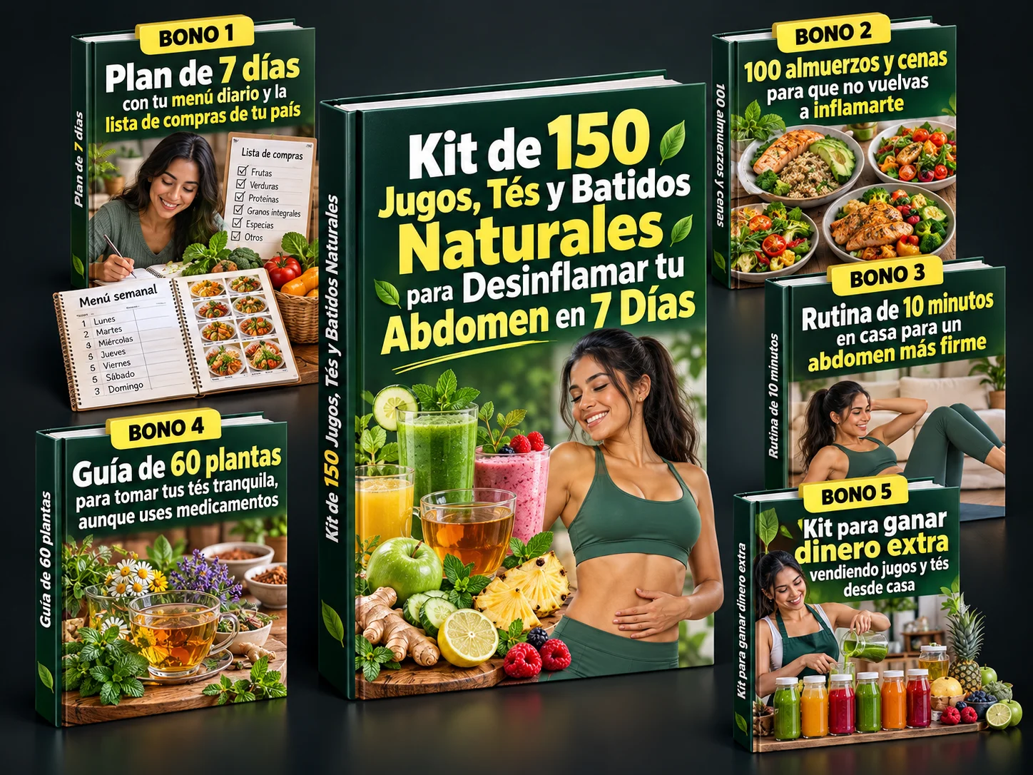 Kit de 150 Jugos, Tés y Batidos Naturales para Desinflamar tu Abdomen en 7 días junto a los cinco bonos incluidos