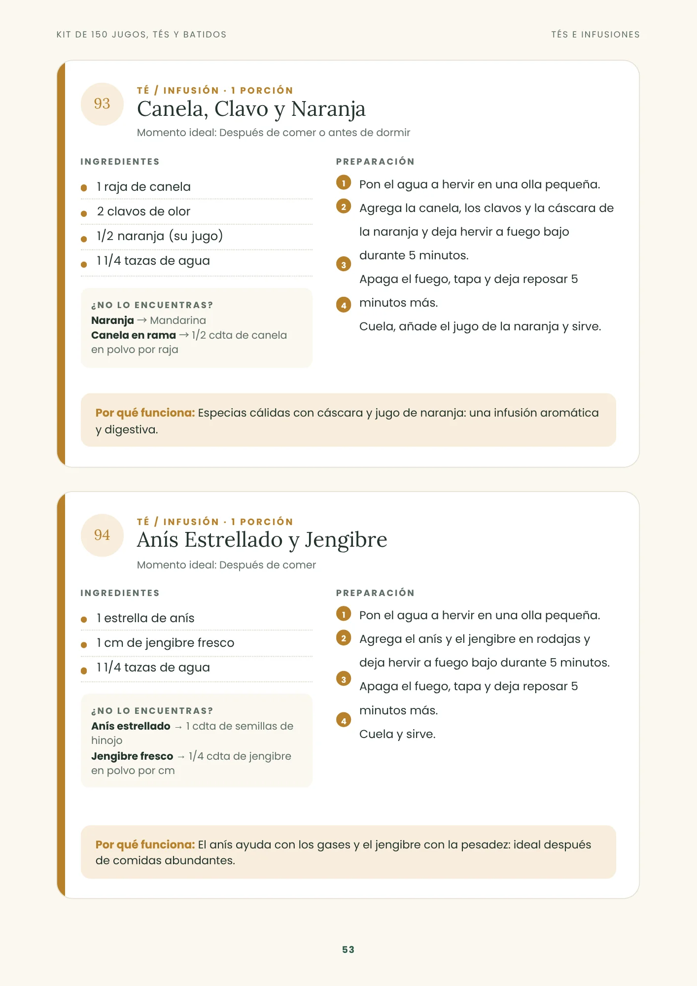 Página de tés e infusiones: Canela, Clavo y Naranja y Anís Estrellado y Jengibre