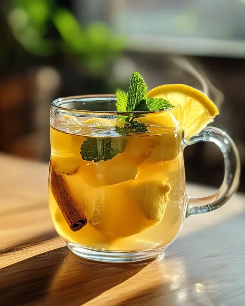 Té de jengibre con limón y menta en una taza de vidrio