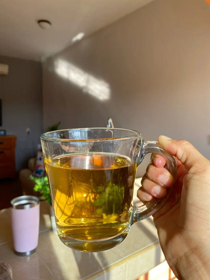 Taza de vidrio con té natural sostenida en una mano